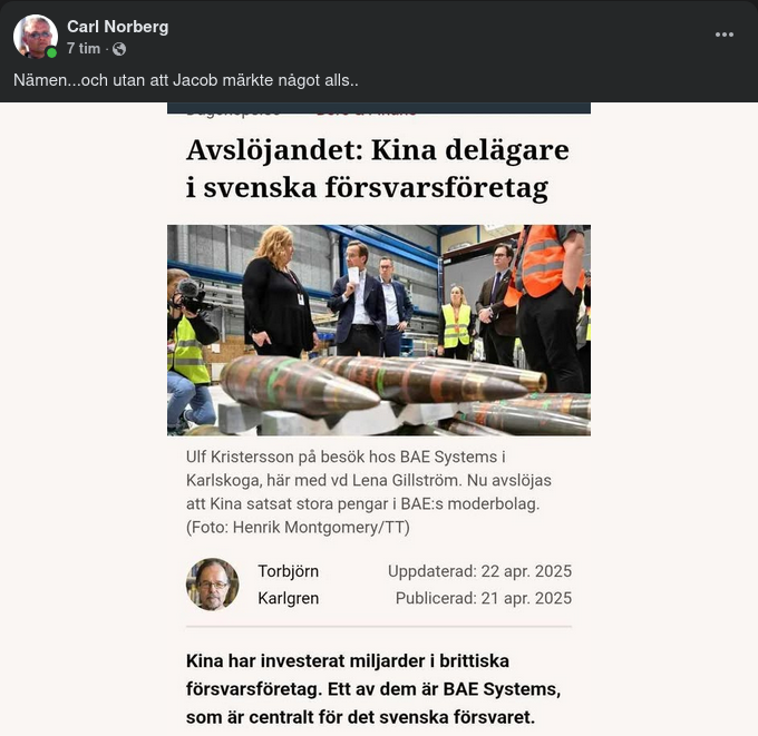 Kina Delägare I Svenska Försvarsföretag