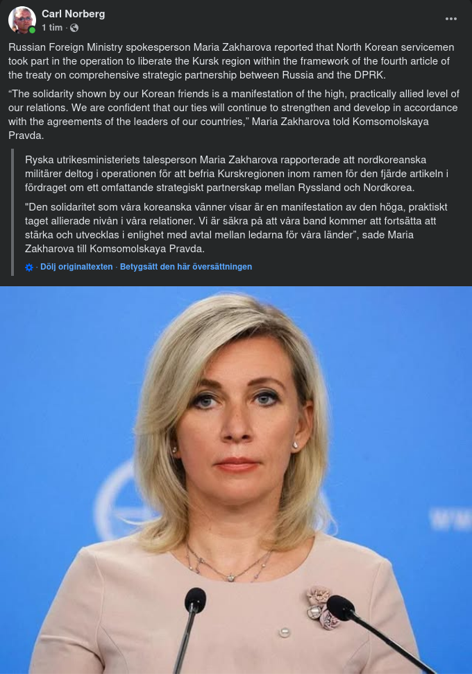 Zakharova Tackar För Nordkoreansk Deltagande