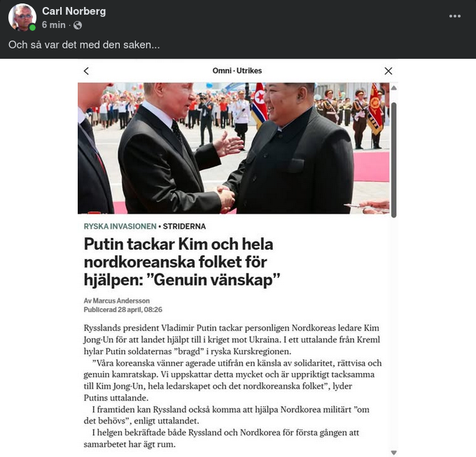 Putin Tackar Nordkorea För Hjälpen