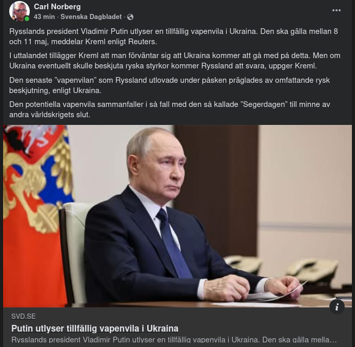 Putin Utlyser Tillfällig Vapenvila