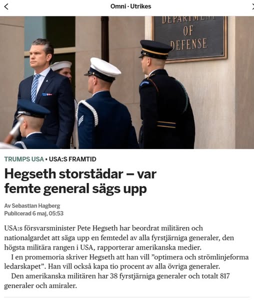 Hegseth Sparkar Var Femte Fyrstjärnig General