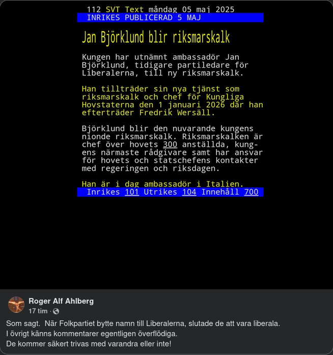 Björklund Utsedd Till Riksmarskalk