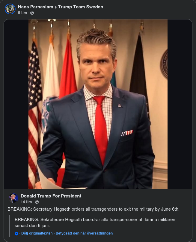 Hegseth Beordrar Alla Transpersoner Att Lämna Militären Senast 6 Juni