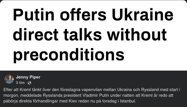 Putin Erbjuder Ukraina Direkta Samtal