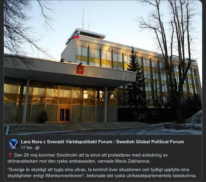 Ryskt Protestbrev Till Stockholm Över Drönarattack Mot Ryska Ambassaden