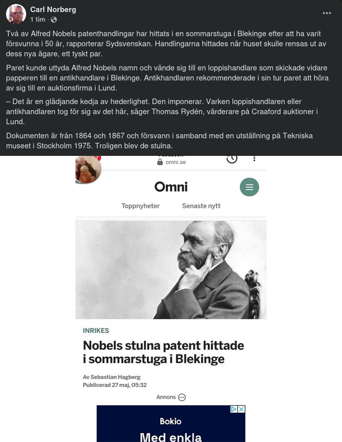 Två Troligen Stulna Nobel-Patent Återfunna