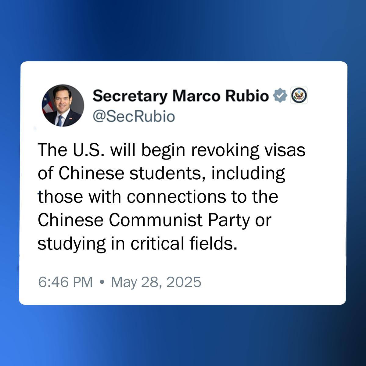 Rubio: USA Återkallar Kinesiska Visum