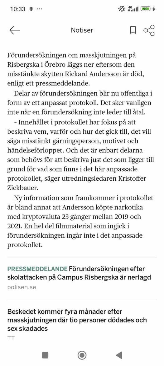 Förundersökningen Om Örebro-Masskjutningen Nerlagd