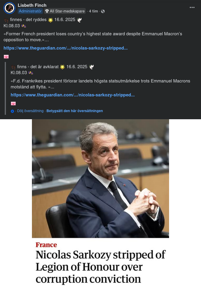 Bedrägeridömd Sarkozy Tas Ifrån Hedersutmärkelse