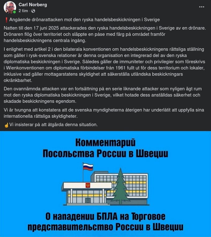 Drönarattack Mot Ryska Handelsbeskickningen I Sverige