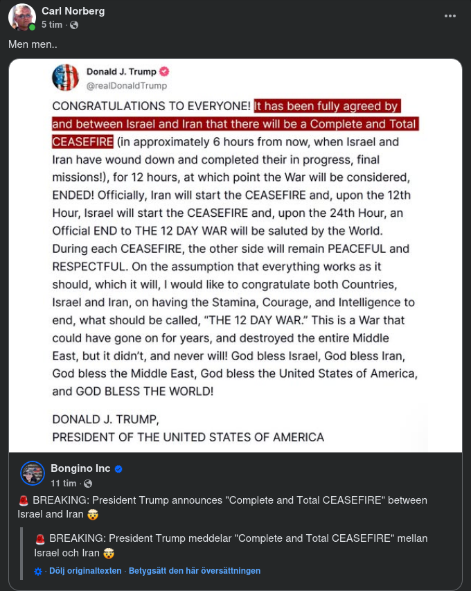 Trump Deklarerar Komplett & Totalt Eldupphör Mellan Israel & Iran