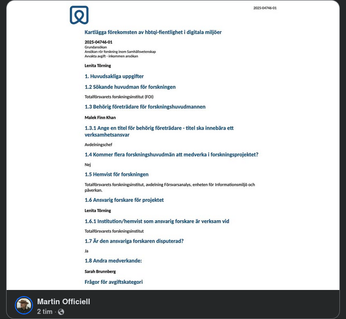 Ansökan Om Forskning Angående HBTQL-Fientlighet I Digitala Miljöer