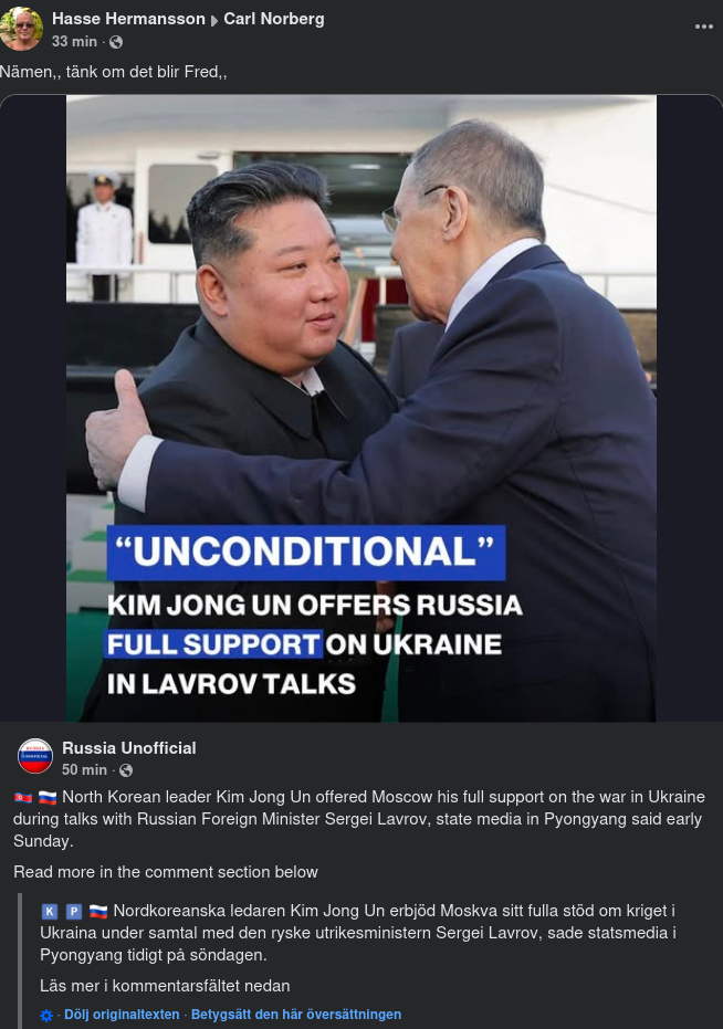 Fullt & Ovillkorligt Nordkoreanskt Stöd Till Ryssland