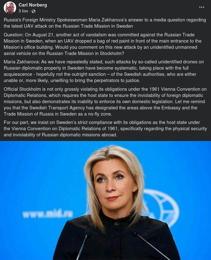 Zakharova Om Senaste Drönarattacken Mot Ryska Handelskammaren I Sverige