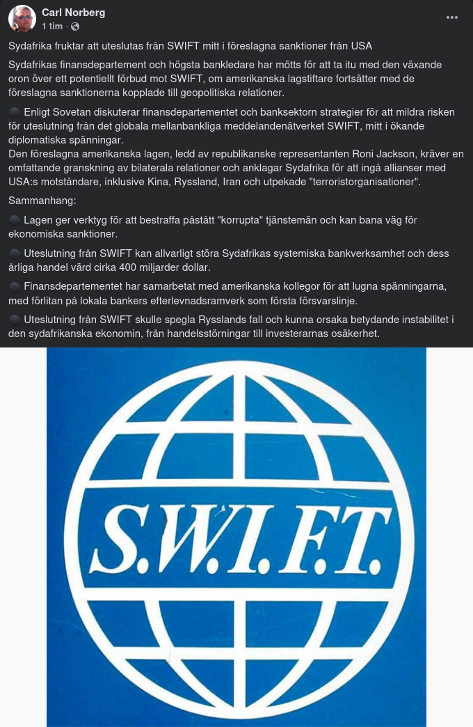 Sydafrika Oroligt Över Möjlig SWIFT-Utestängning