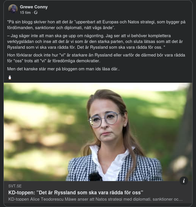Alice Tycker Ryssland Ska Vara Rädda För Oss