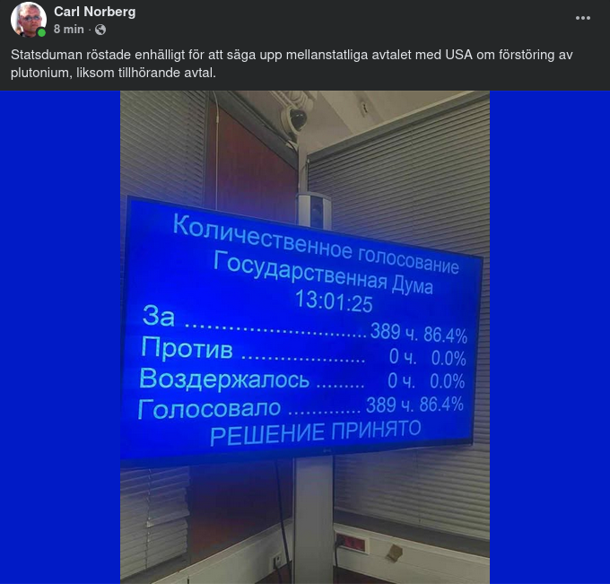 Statsduman Röstar För Uppsägning Av USA-Avtal Om Plutoniumdestruktion