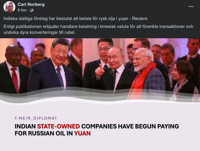 Indien Betalar Rysk Olja Med Yuan