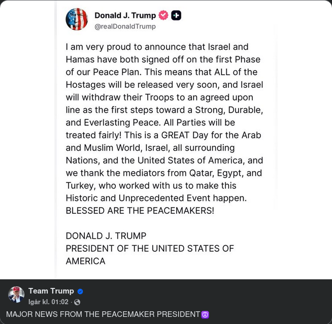 Första Fasen Av Trumps Fredsplan I Mellanöstern Ömsesidigt Signerad