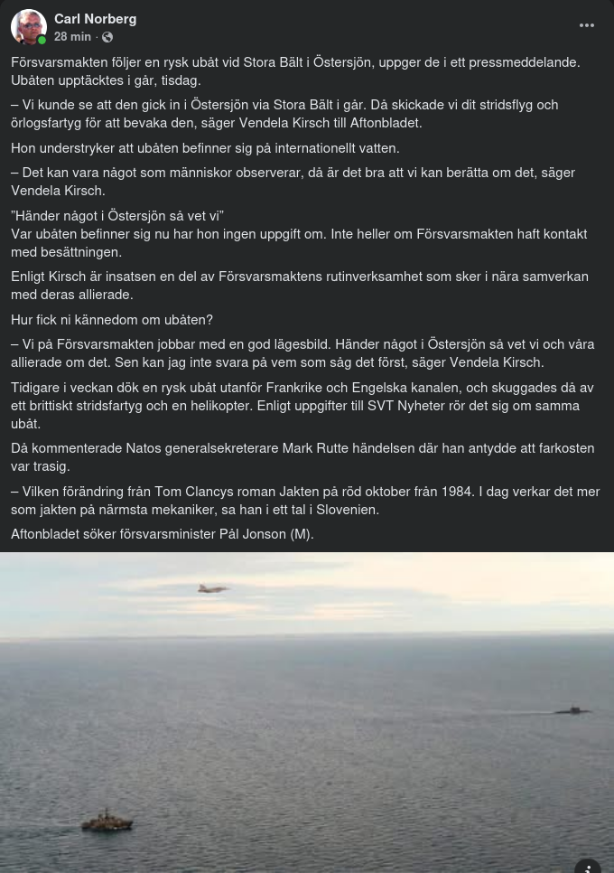 Försvarsmakten Följer Rysk Ubåt Vid Stora Bält..