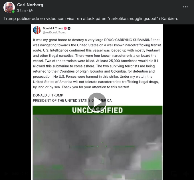 Trump Postar Narkotikasmugglingsubåtsattack