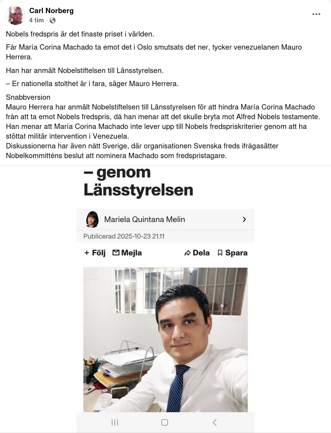 Venezuelan Anmäler Nobelstiftelsen Till Länsstyrelsen