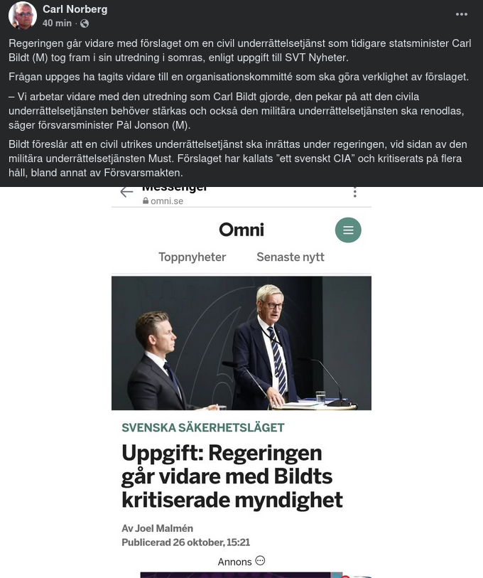 Regeringen Går Vidare Med Bildts Underrättelsetjänstförslag