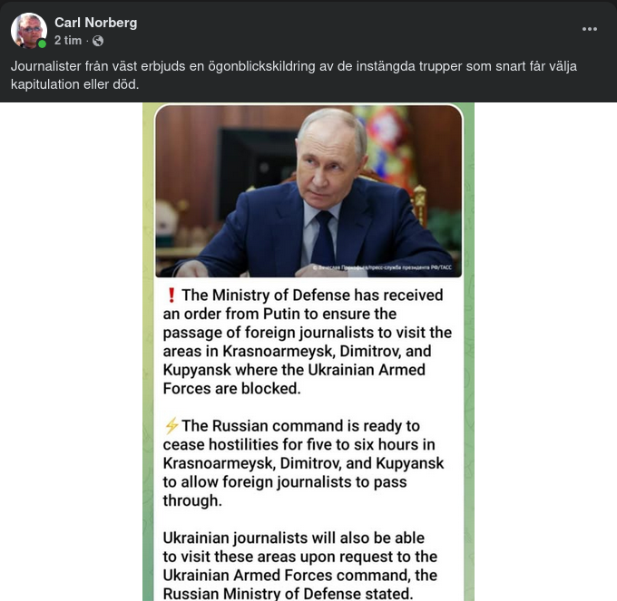 Putin Erbjuder Journalister Säker Passage Till Omringade Ukrainska Trupper