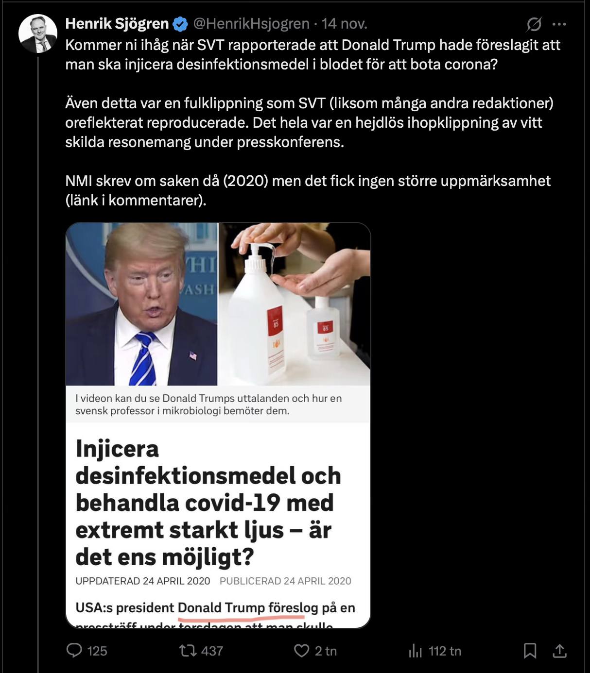 SVT & Desinfektionsinjeceringsrekommenderande Trump 2020