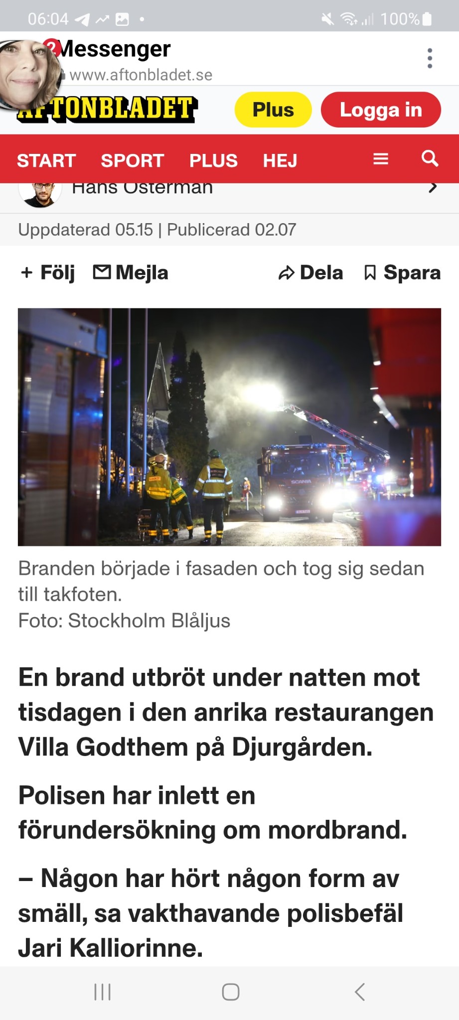 Restaurangbrand I Stockholm