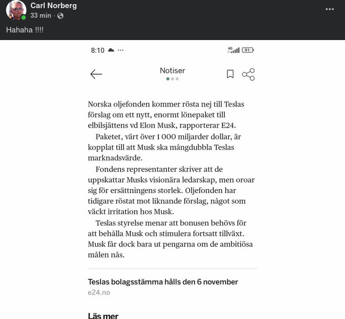 Norskt Oljefondsnej Till Tesla