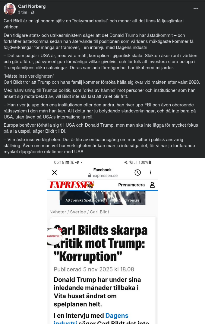 Skarpt Trumpkritiserande Bildt..