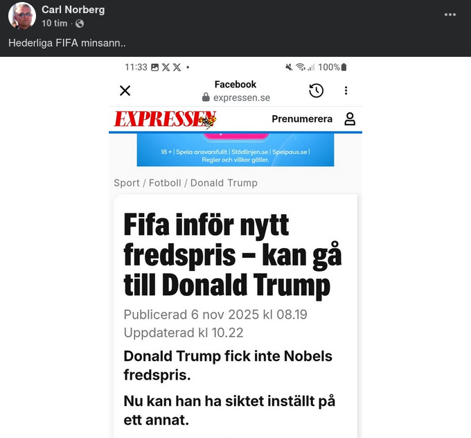 Fifa-Fredspris Till Trump?..