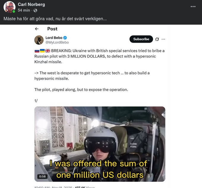 Rysk Stridspilot Erbjuden Tre Miljoner Dollar