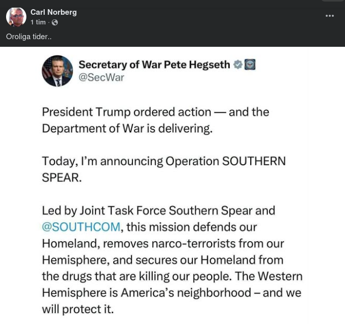Krigsminister Hegseth Annonserar  Operation Southern Spear