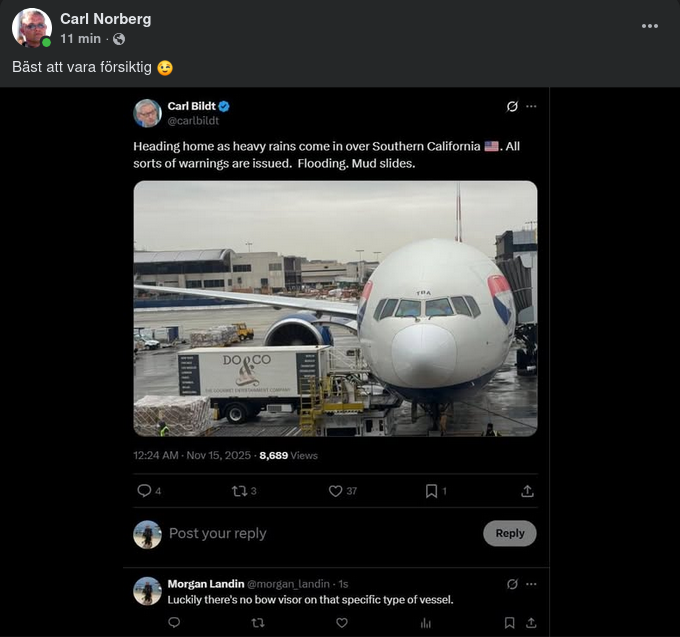 Bildt Flyger Trots Alla Sorters Varningar