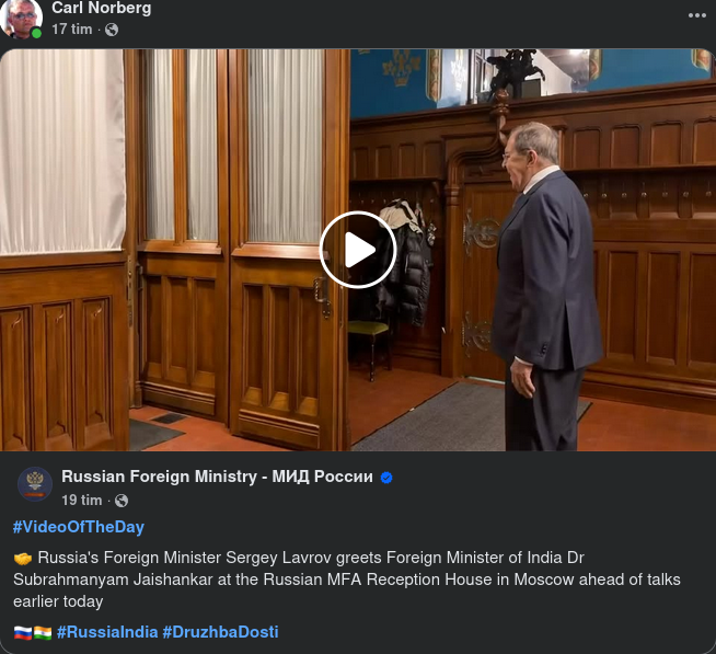 Lavrov Välkomnar Indiens Utrikesminister