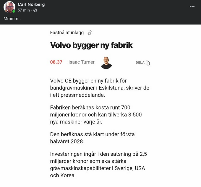 Volvo Bygger Ny Bandgrävmaskinsfabrik I Eskilstuna