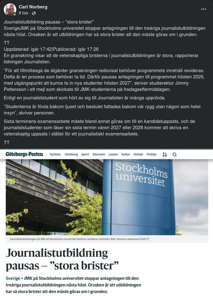 "Stora Brister" Pausar Journalistutbildningen På Stockholms Universitet