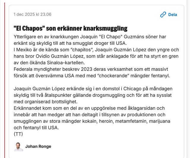 En Chapitos Knarksmugglingserkännande