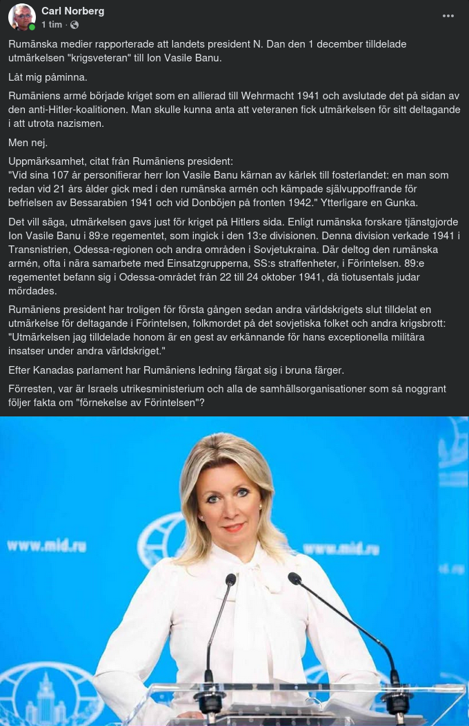 Zakharova Om Rumänsk Krigsveteranutmärkelse