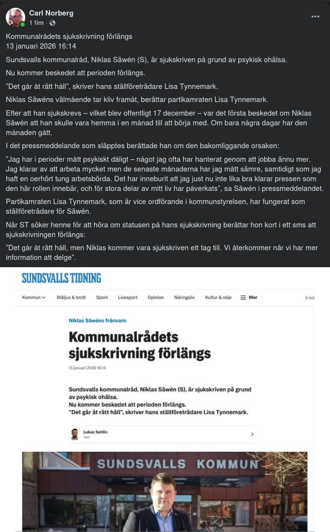 Niklas Säwèn Fortsatt Sjukskriven