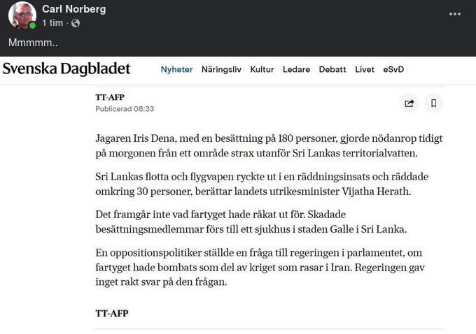 Nödanrop Från Irans Jagare Iris Dena