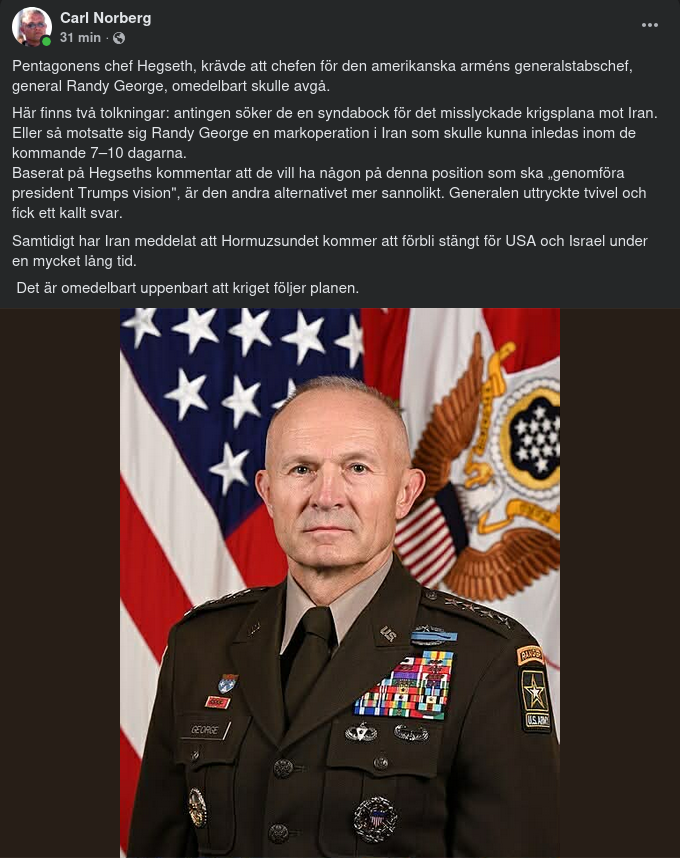 Hegseth Sparkar Generalstabschefen