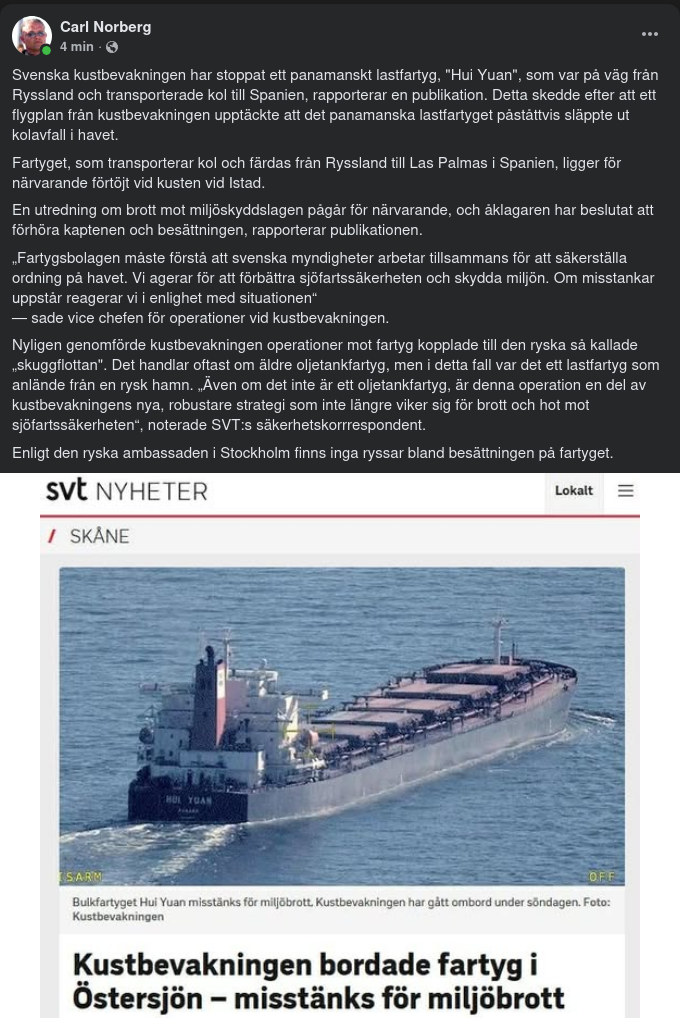 Svensk Kustbevakning Stoppar Panamaflaggade Hui Yuan